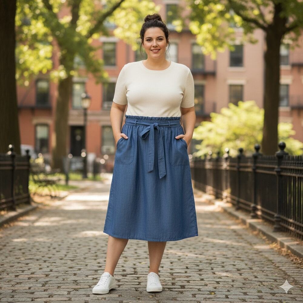 Liz Claiborne Womens SoftChambray Denim Midi Skirt TieWaist Pockets Blue 26"Long